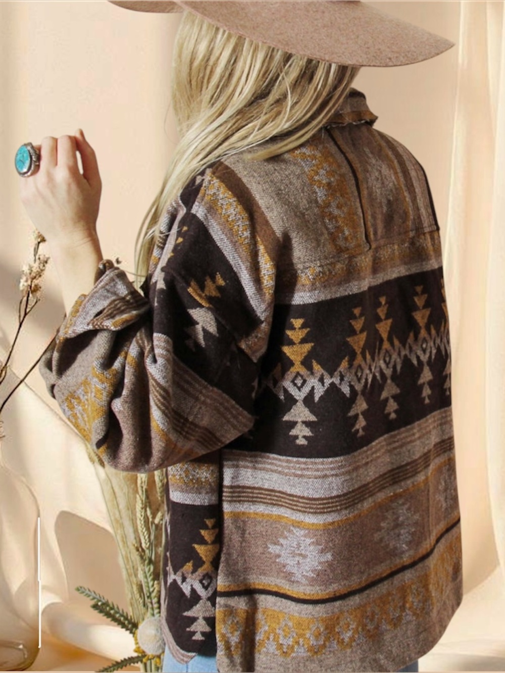 Aztec Shacket Shirt Jacket Boho Western Southwestern Tribal Print Oversized - Picture 2 of 8